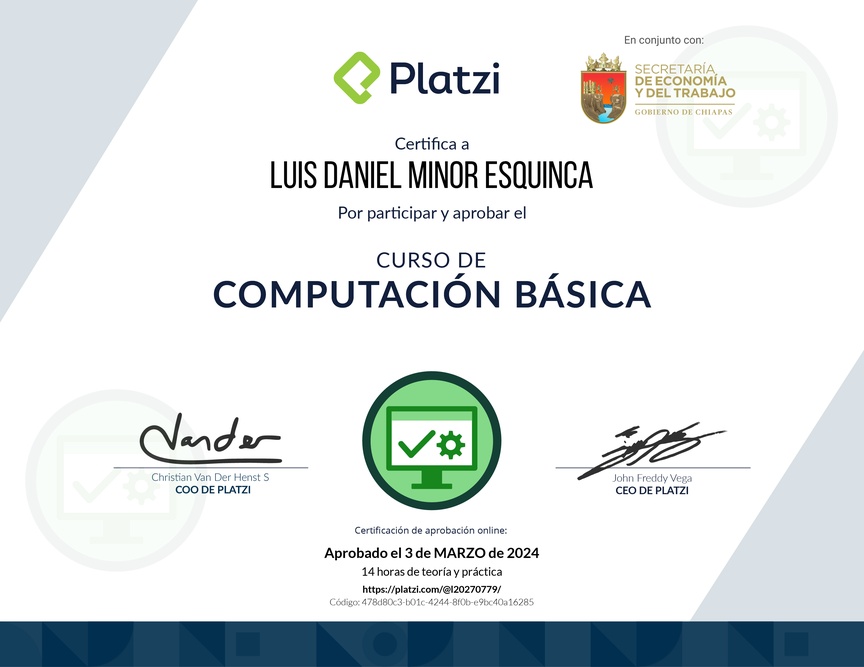 Diploma del Curso Básico de Computadores e Informática