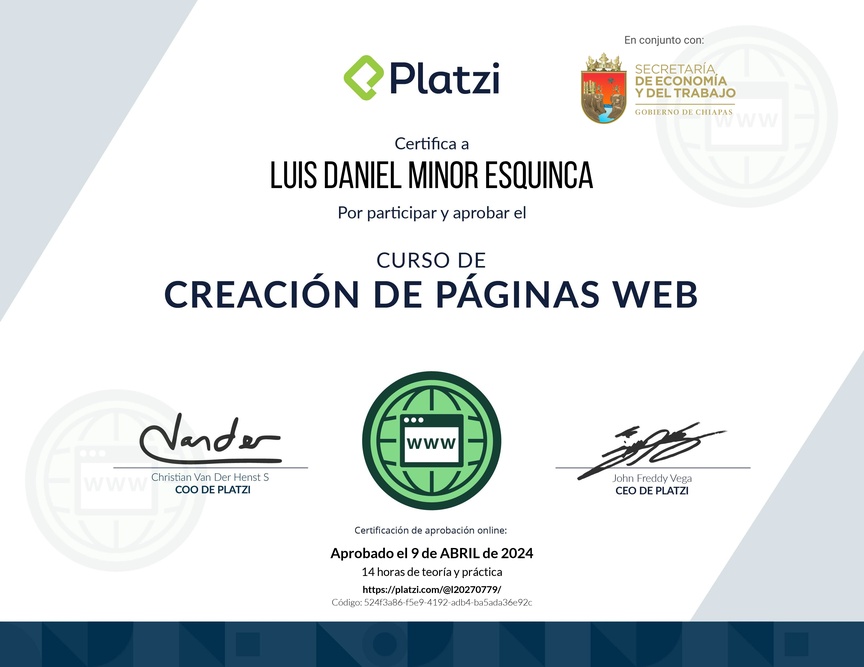 Diploma del Curso de Creación de Páginas Web con Wordpress y No-code