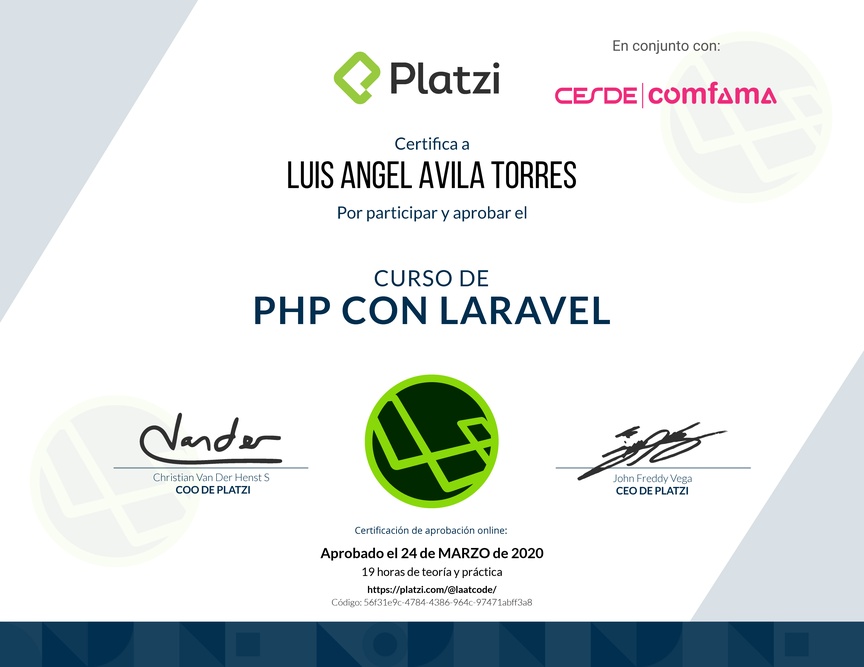 Diploma del Curso de PHP con Laravel