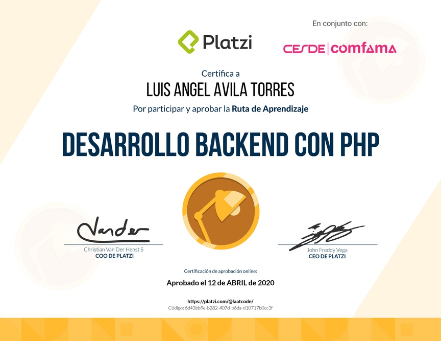 Diploma de la Ruta de Aprendizaje de Desarrollo Web Backend con PHP