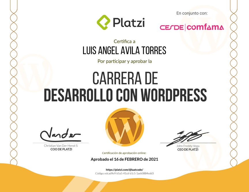 Diploma de la Ruta de Aprendizaje de Desarrollo con WordPress