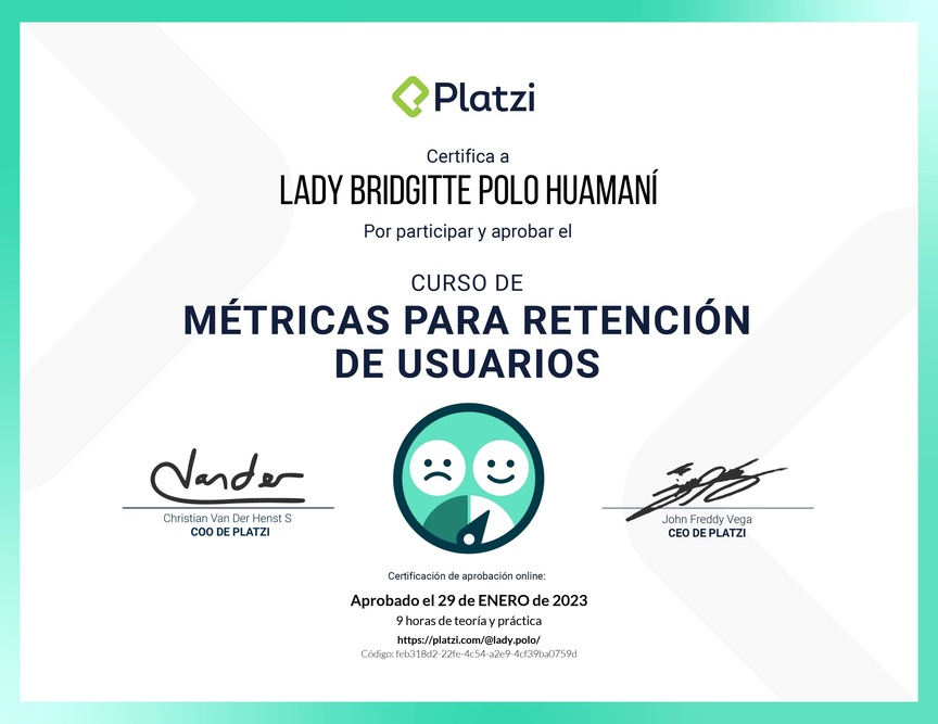 Diploma del Curso de Fundamentos de Métricas para Retención de Usuarios
