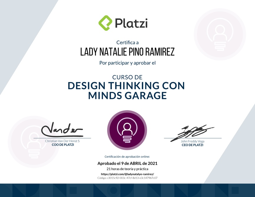 Diploma del Curso de Design Thinking con Minds Garage