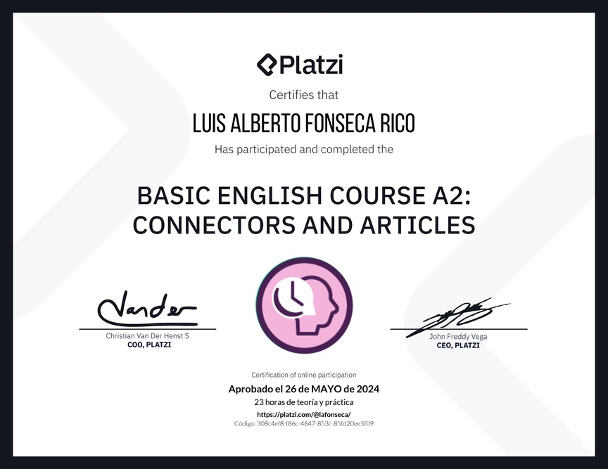 Diploma del Curso de Inglés Básico A2: Conectores y Artículos