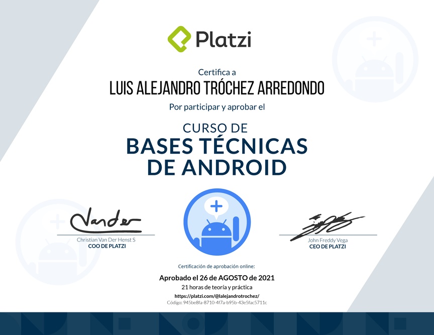 Diploma del Curso de Bases Técnicas de Android