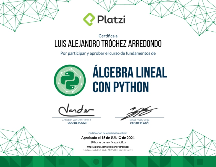 Diploma del Curso de Fundamentos de Álgebra Lineal con Python