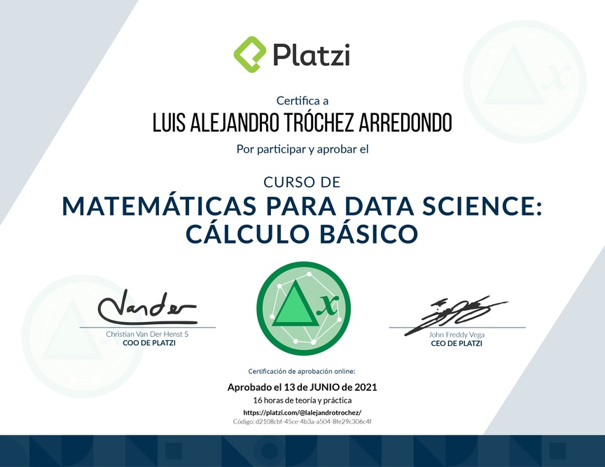 Diploma del Curso de Matemáticas para Data Science: Cálculo Básico