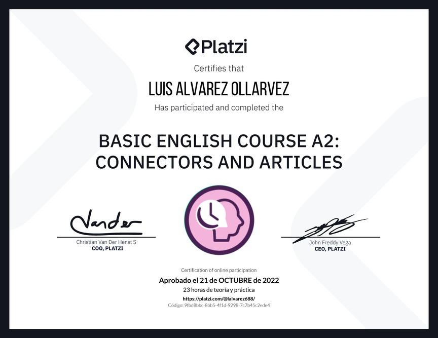Diploma del Curso de Inglés Básico A2: Conectores y Artículos