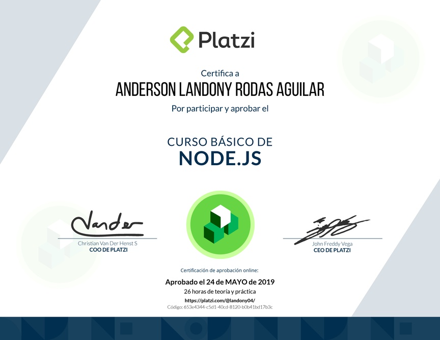 Perfil de @landony04 en Platzi | Diploma del Curso Básico de Node.js 2018