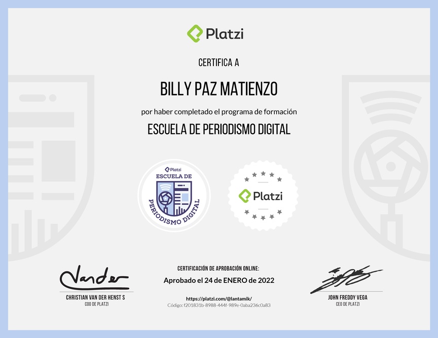 Diploma de la Ruta de Aprendizaje de Periodismo Digital