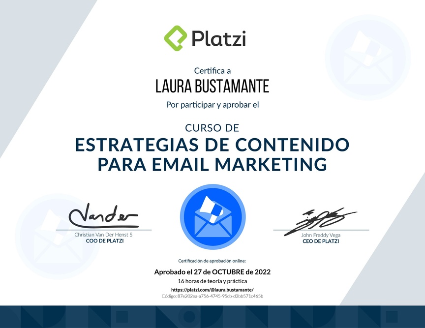 Diploma del Curso de Estrategias de Contenido para Email Marketing