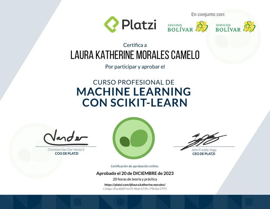 Diploma del Curso Profesional de Machine Learning con scikit-learn