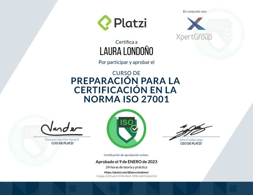 Diploma del Curso de Preparación para la Certificación en la Norma ISO 27001 (2020)