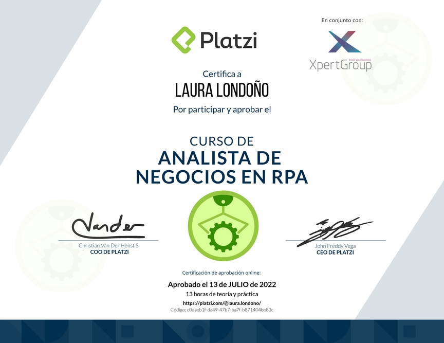 Diploma del Curso de Business Analyst para RPA