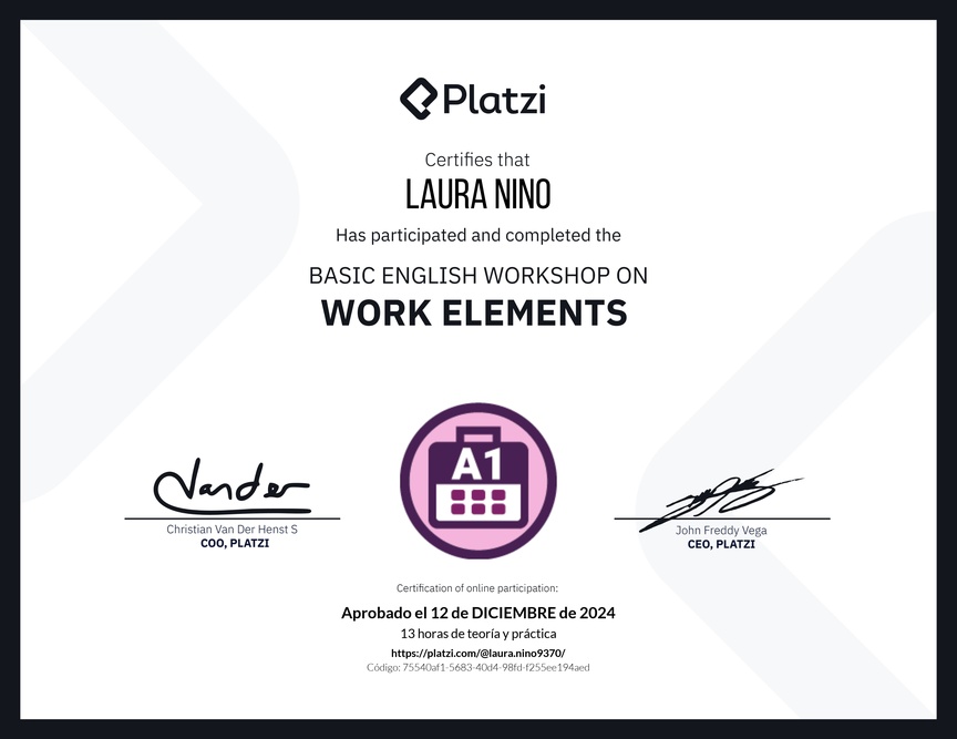 Diploma del Curso de Inglés Práctico sobre Elementos de Trabajo
