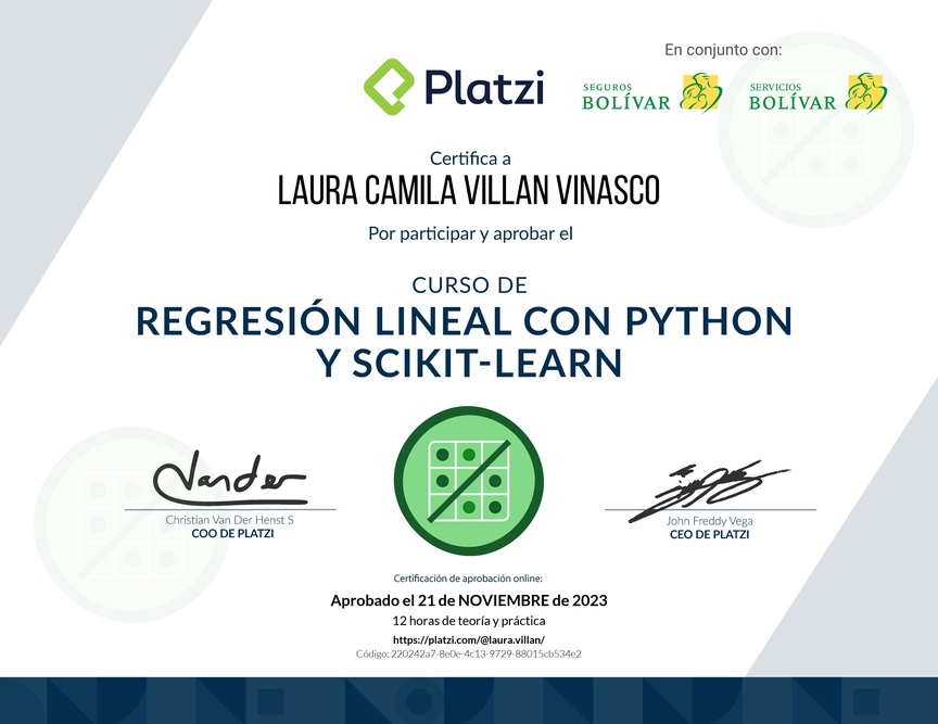 Diploma del Curso de Regresión Lineal con Python y scikit-learn