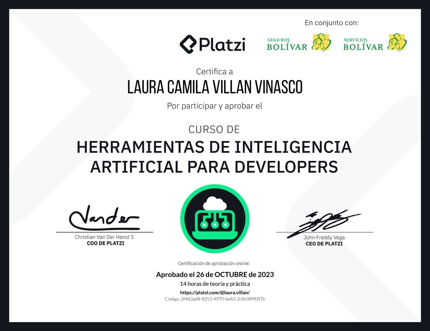 Diploma del Curso de Herramientas de Inteligencia Artificial para Developers (2023)