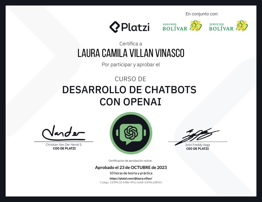 Diploma del Curso de Desarrollo de Chatbots con OpenAI