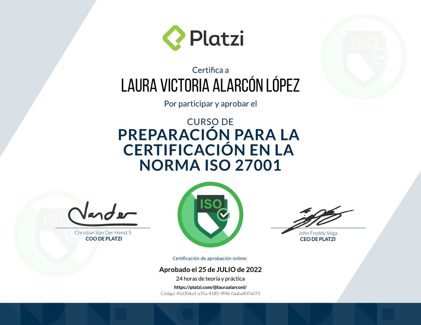 Diploma del Curso de Preparación para la Certificación en la Norma ISO 27001 (2020)
