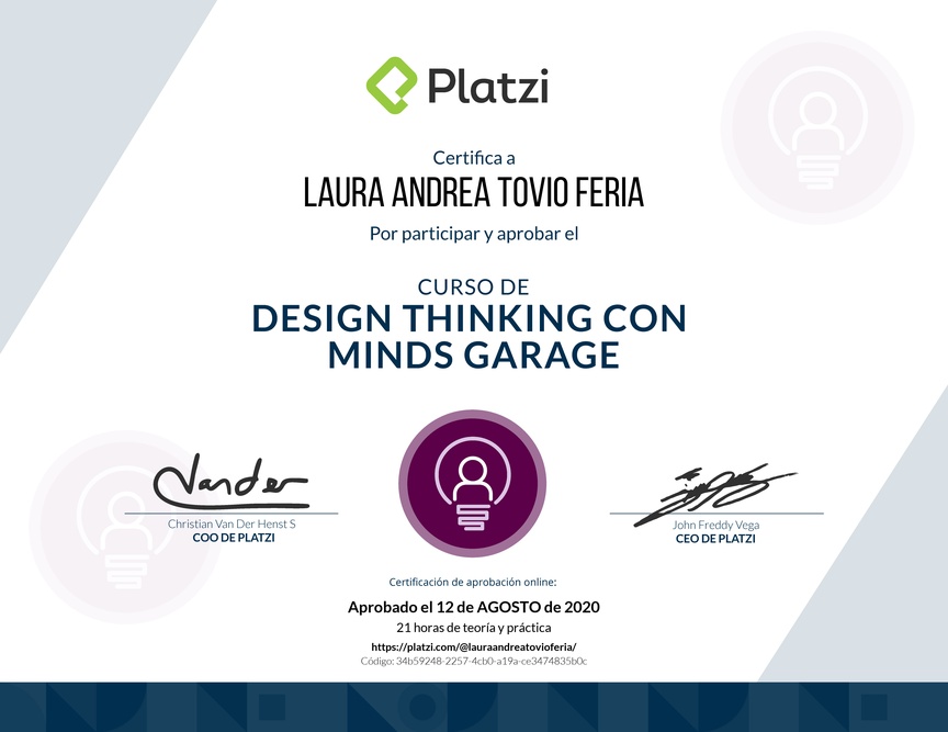 Diploma del Curso de Design Thinking con Minds Garage