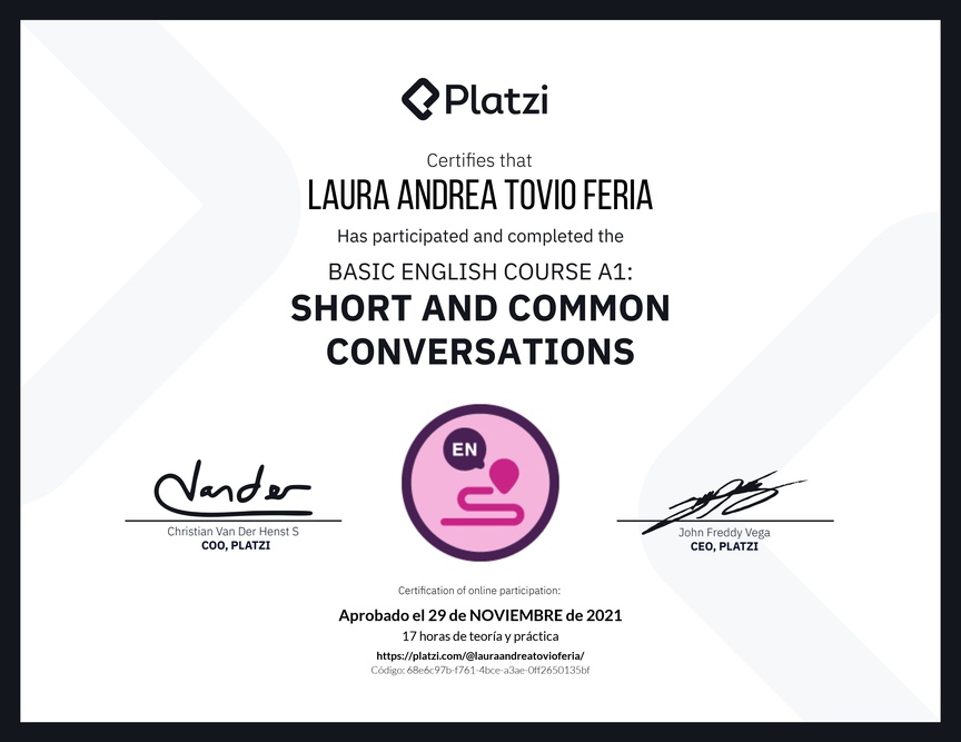 Diploma del Curso de Inglés Básico A1: Conversaciones Cortas y Habituales (2020)