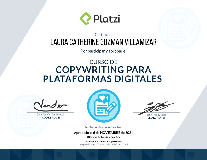 Diploma del Curso de Copywriting para Plataformas Digitales