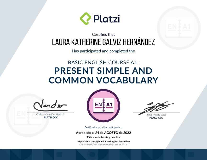 Diploma del Curso de Inglés Básico A1: Presente Simple y Vocabulario Común (2021)
