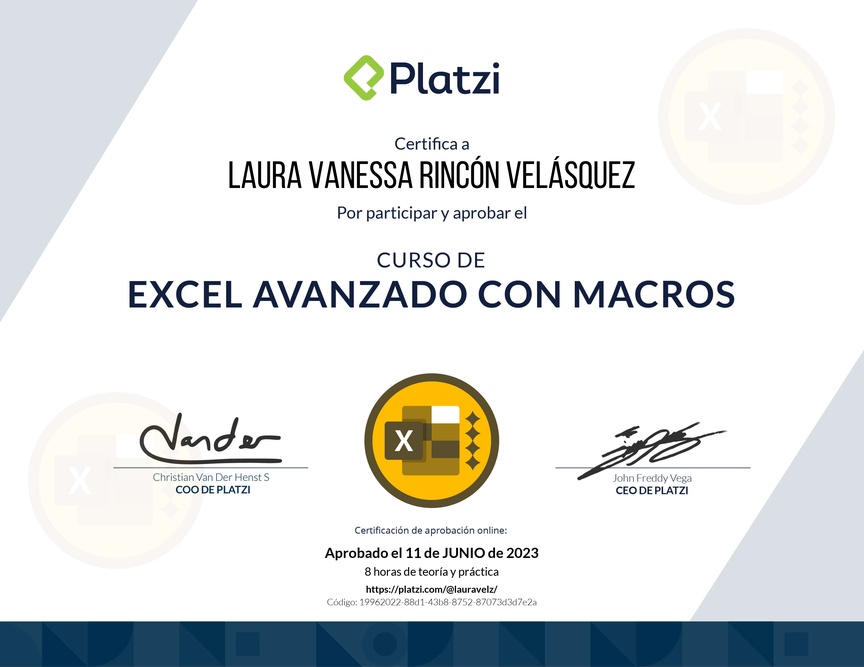 Diploma del Curso de Excel Avanzado con Macros