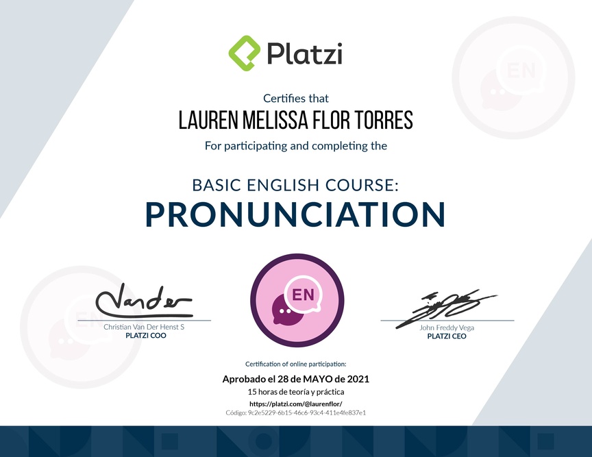 Diploma del Curso de pronunciación básica en Inglés 2020