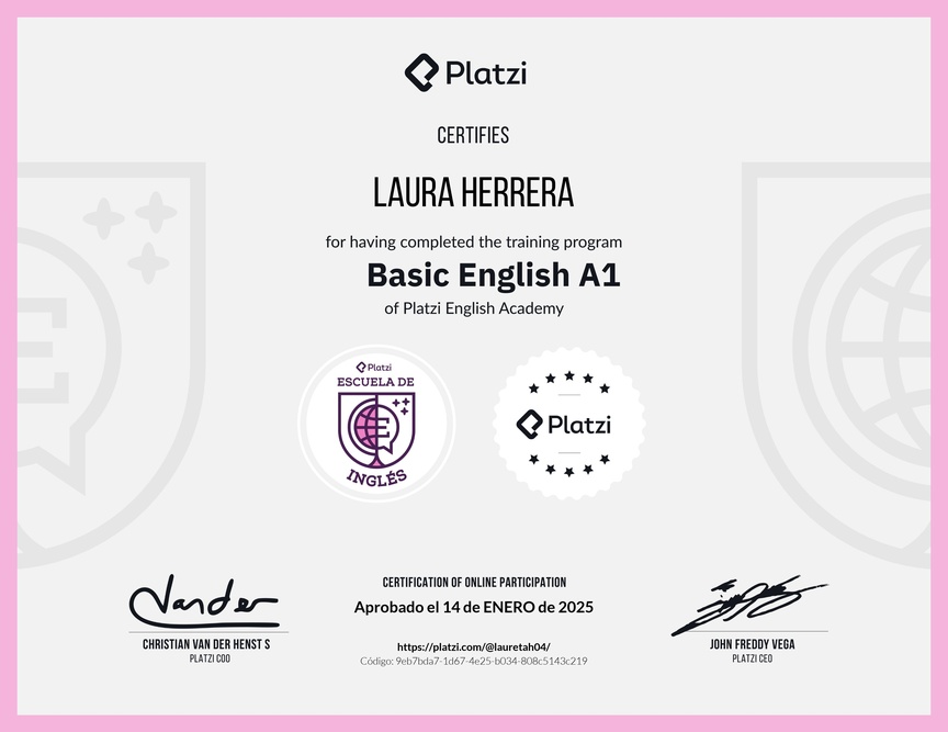 Diploma de la Ruta de Aprendizaje de Inglés Básico A1