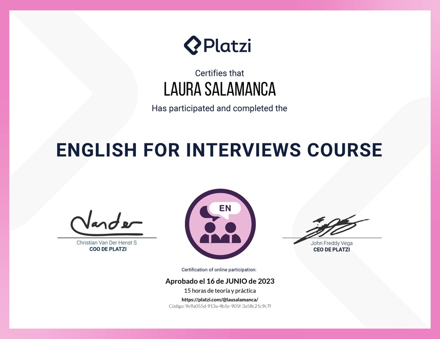 Diploma del Curso para Entrevistas de Trabajo en Inglés (2020)