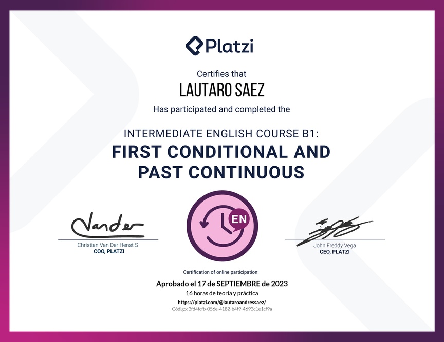 Diploma del Curso de Inglés Intermedio B1: Primer Condicional y Pasado Continuo