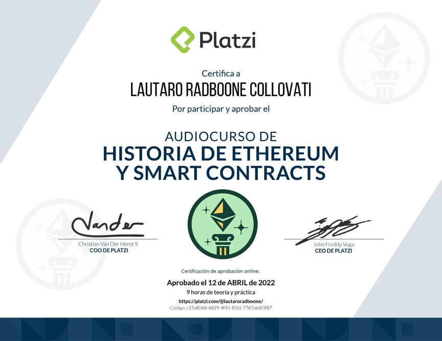 Diploma de Audiocurso de Historia de Ethereum y Smart Contracts