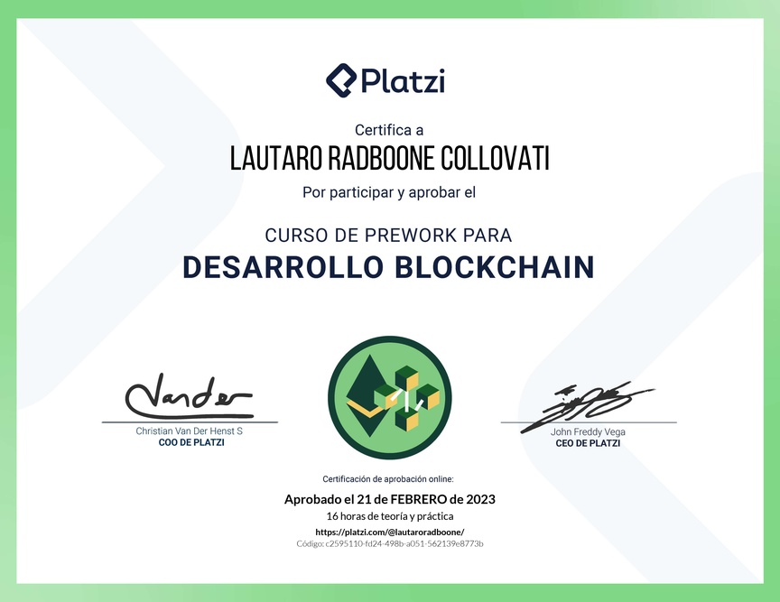 Diploma del Curso de Prework para Desarrollo de Aplicaciones Blockchain