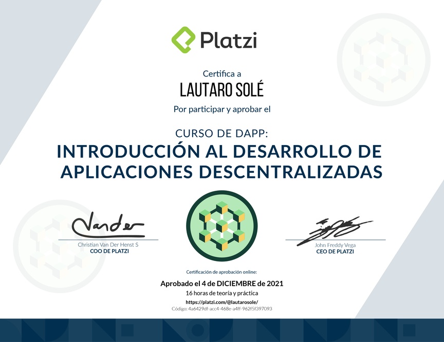 Diploma del Curso de Dapps: Introducción al Desarrollo de Aplicaciones Descentralizadas