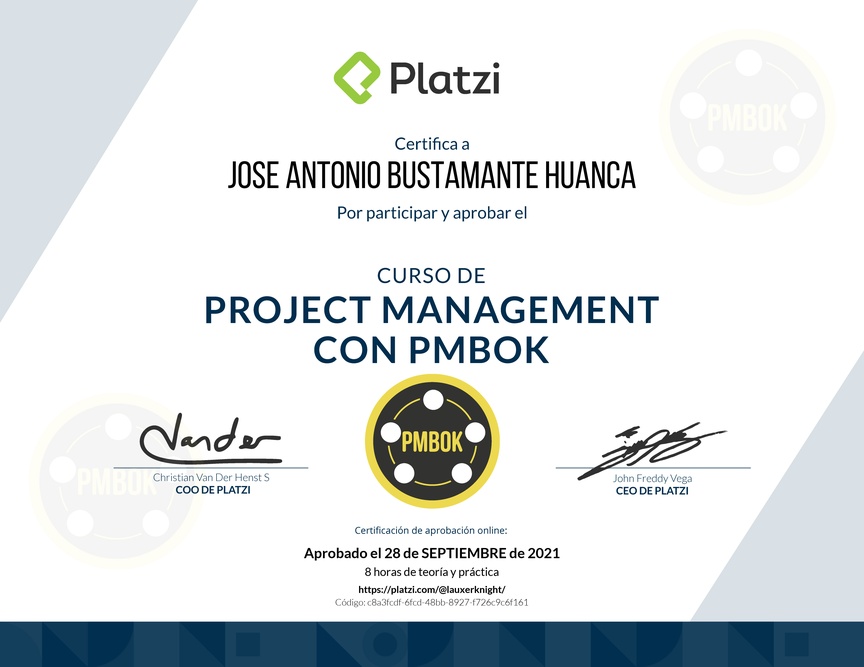 Diploma del Curso de Project Management con PMBOK