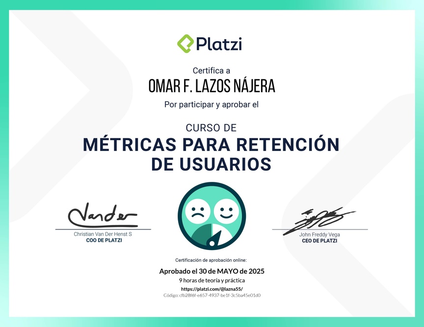 Diploma del Curso de Fundamentos de Métricas para Retención de Usuarios
