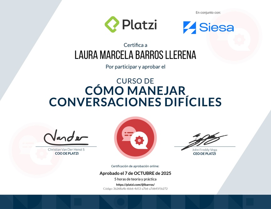 Diploma del Curso de Cómo Manejar Conversaciones Difíciles con Clientes