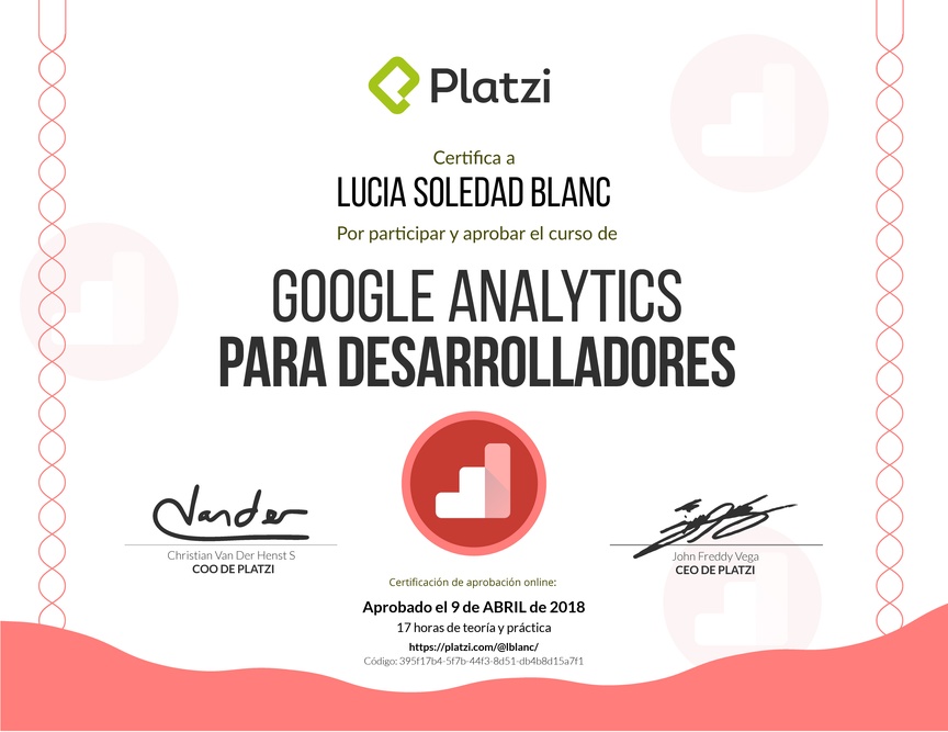 Diploma del Curso de Google Analytics para Desarrolladores 2018