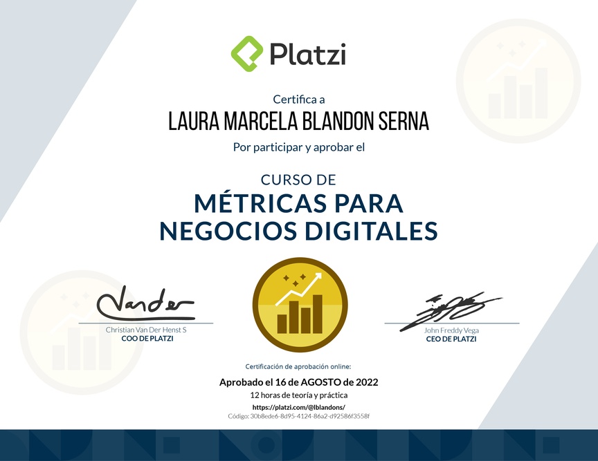 Diploma del Curso de Métricas para Medir el Crecimiento de tu Negocio Digital