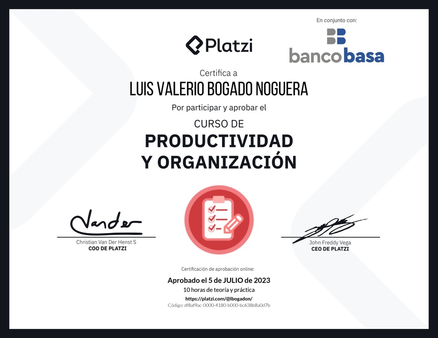 Diploma del Curso de Productividad y Organización