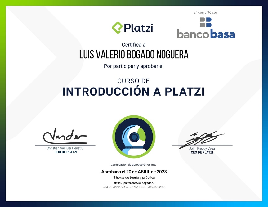 Diploma del Curso de Introducción a Platzi