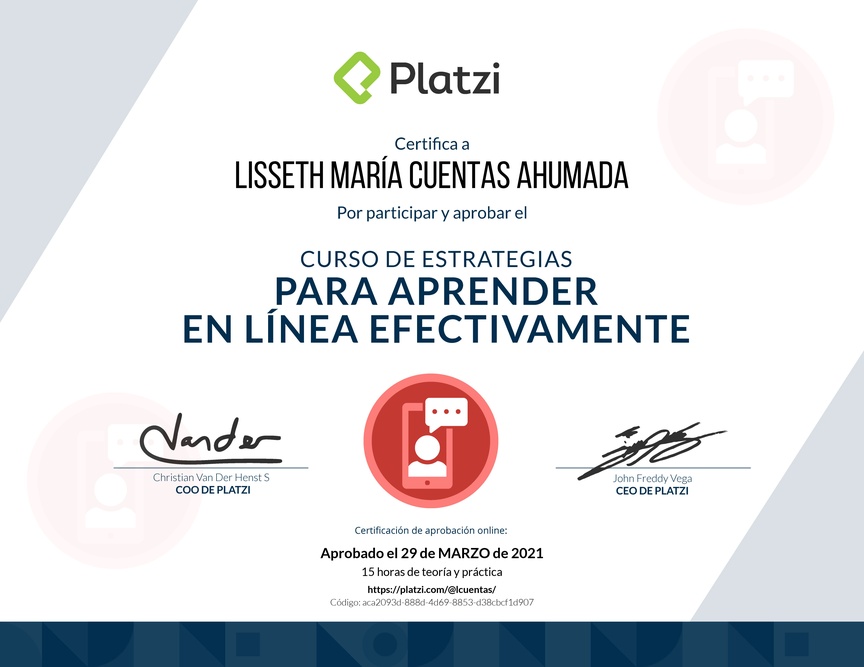 Diploma del Curso de Estrategias para Aprender en Línea Efectivamente 2019