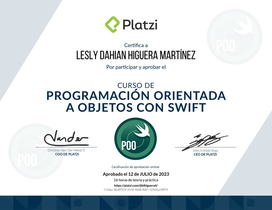 Diploma del Curso de Programación Orientada a Objetos en Swift