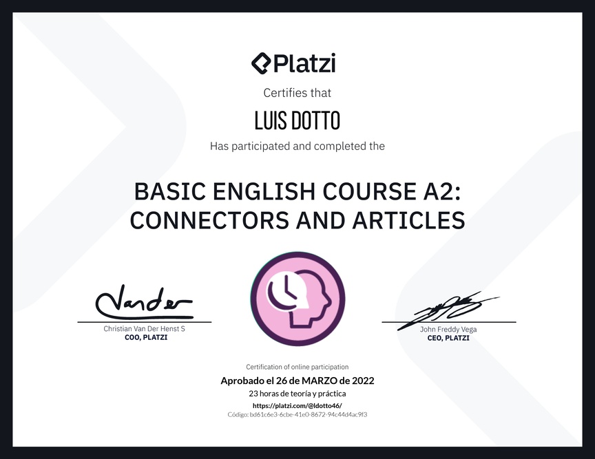 Diploma del Curso de Inglés Básico A2: Conectores y Artículos