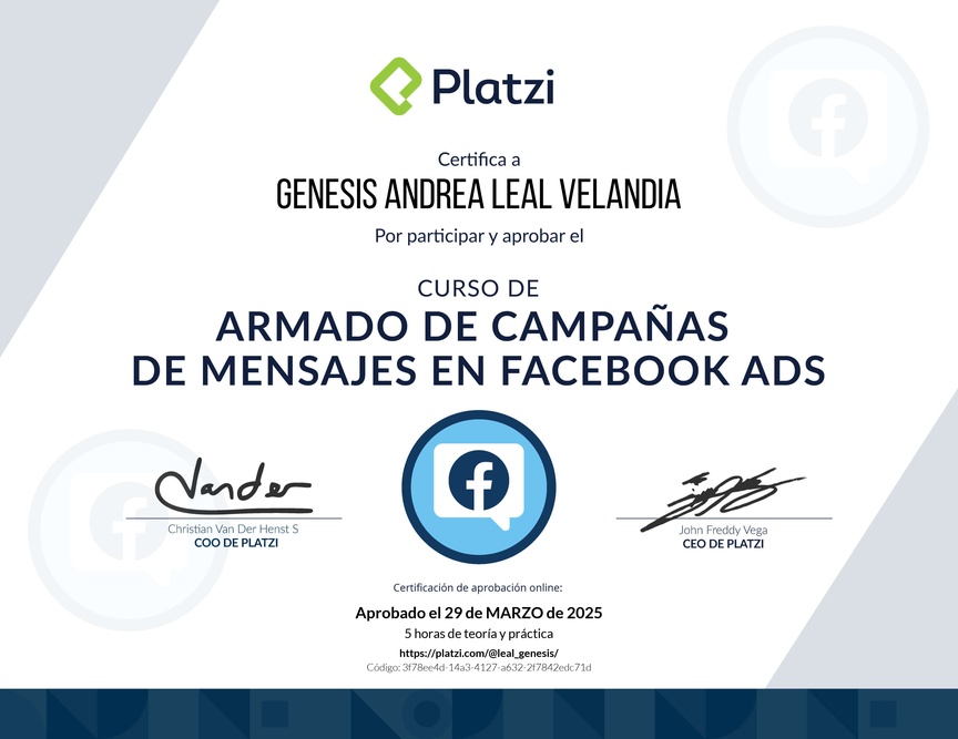 Diploma del Curso de Campañas de Mensaje en Facebook Ads