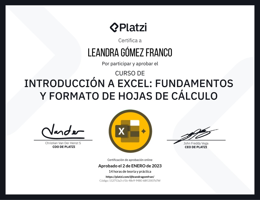 Diploma del Curso de Introducción a Excel para Principiantes: Fundamentos y Formato de Hojas de Cálculo