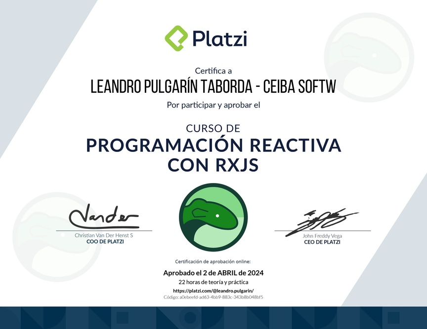 Diploma del Curso de Programación Reactiva con RxJS
