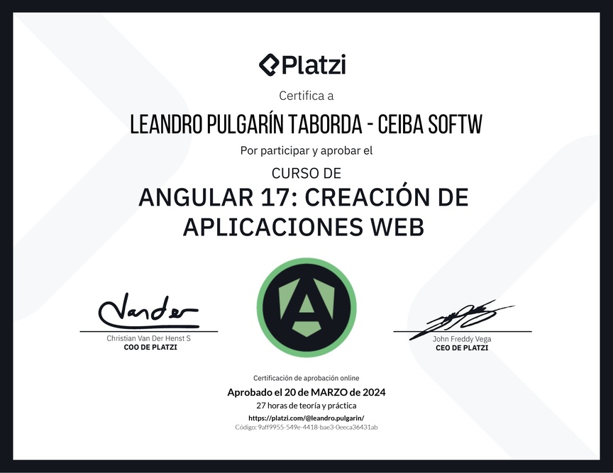 Diploma del Curso de Angular: Creación de Aplicaciones Web