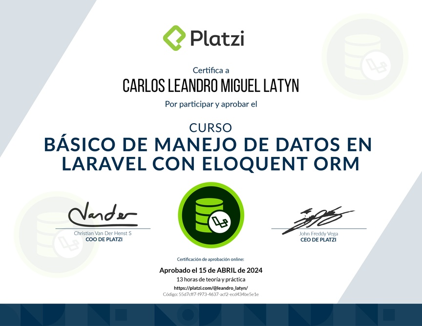Diploma del Curso Básico de Manejo de Datos en Laravel con Eloquent ORM